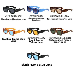 Detailed grid of fashion square sunglasses in seven assorted frame and lens color options