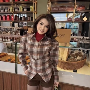 Plaid Shirt Women Long Sleeve Polyester Back Bow Tie Cinch Waist Irregular Hem Casual Retro Fashionable Blouse Top