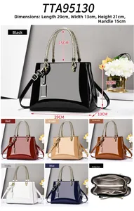 Detailed dimensions of glossy patent leather tote bag with interior compartments