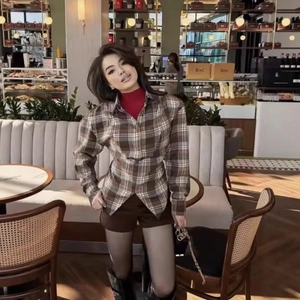 Women's brown plaid long sleeve shirt with waist tie and red turtleneck sweater set