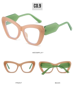 Three views of retro cat eye glasses frames in peach pink and light green finish