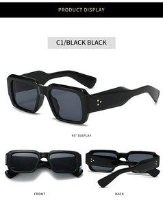 Three-view shot of black square sunglasses featuring iconic gold triple rivet details