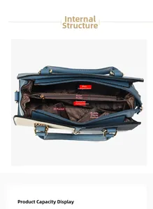 Vue de dessus de l'intérieur du sac en cuir bleu montrant divers compartiments
