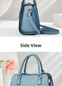 Détails du sac à main bleu en similicuir matelassé avec finitions dorées et profil