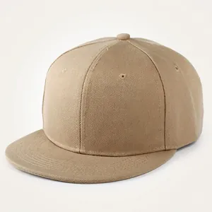 Close-up of khaki flat brim hip hop cap showing cotton twill fabric and ventilation eyelets