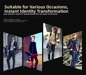 Collage of male models wearing vintage faux leather belts with antique pin buckles