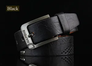 Macro detail of men's vintage leather belt with gunmetal buckle and textured rivets