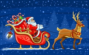 Detailed Christmas car decoration illustration with Santa, red sleigh, and brown reindeer