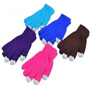 Detail view of colorful knit touchscreen gloves with grey conductive fiber fingertips