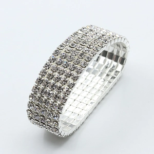 Sparkling four-row rhinestone elastic bracelet with silver finish and round crystals
