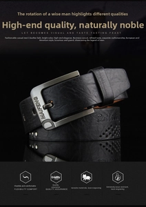 Detail of vintage men's black leather belt with matte silver pin buckle and rivets
