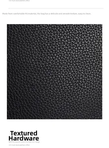 Close-up of black lychee-grain PU leather texture on a stylish women's shoulder bag