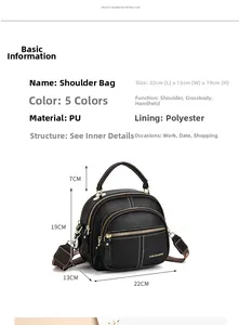 Detailed dimension chart showing size 22x13x19cm for the black PU leather shoulder bag