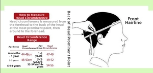 Size chart showing head circumference measurement guide for denim baseball caps for all ages