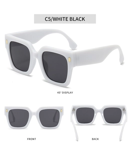 Trois vues de lunettes de soleil carrées blanches avec verres noirs et métal