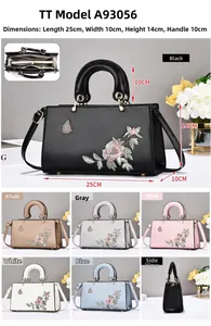 Detailed view of embroidered handbag with dimensions 25x10x14cm and various color options