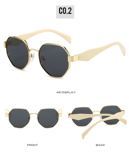 Detailed views showing front, back, and 45-degree angle of polygon metal sunglasses