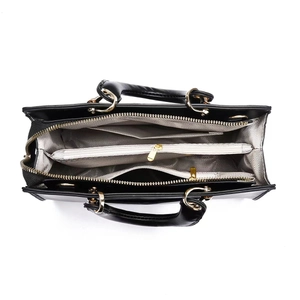 Top view showing black tote bag interior with herringbone lining and golden zipper