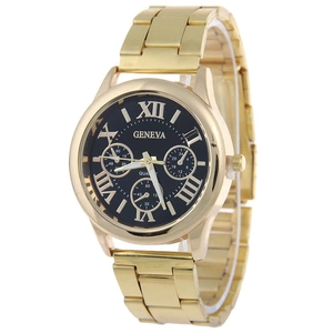Detailed macro view of Geneva gold steel watch with Roman numerals and black dial