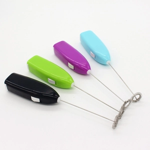 Mini electric milk frothers shown in four colors: black, green, purple, and blue