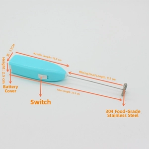 Detail of blue handheld milk frother with 20.5cm dimensions and 304 stainless steel whisk