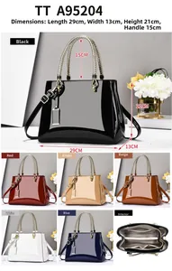 Detailed views of high-gloss patent leather tote bag in multiple colors with internal compartments