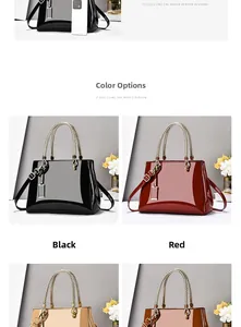 Detailed color selection showing glossy tote bags in black, red, khaki, and brown