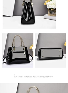Detailed view of black patent leather tote with woven handles and bottom studs