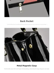 Detail of glossy black tote bag featuring anti-theft zipper pocket and magnetic closure
