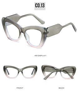 Detailed multi-angle views of trendy cat-eye frames with grey pink gradient lenses