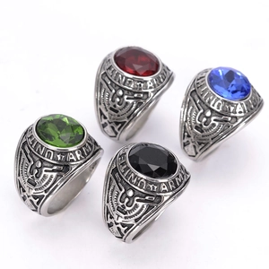Men's retro United Army stainless steel rings featuring four vibrant gemstone colors