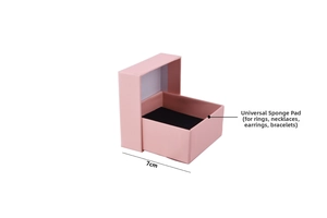 Pink square jewelry gift box with black foam insert showing 7cm length dimension