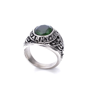 Punk style army ring with green faceted stone and silver-tone stainless steel finish