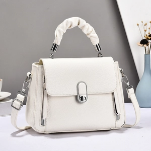 White lychee pattern leather handbag with pleated handle and silver metal lock closure
