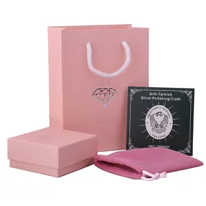 Pink Jewelry Gift Packaging Hard Cardboard Square Case With Sponge Velvet Pouch Handbag And Silver Polishing Cloth
