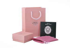 Pink jewelry gift set including rigid box, paper tote bag, pouch and polishing cloth