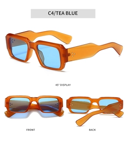 Detailed three-view shots of tea-colored square frame sunglasses with blue lenses