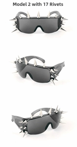 Macro view of punk style black sunglasses featuring 17 silver cone studs and rivets