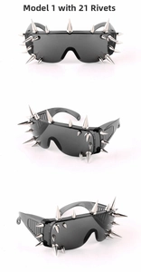Three angles of black punk sunglasses featuring twenty-one silver metallic rivet studs