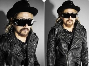 Detail of punk rocker sunglasses and hat featuring heavy metal silver spikes and studs