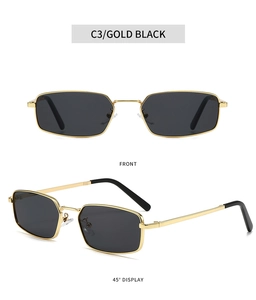 Front and side view of small square metal sunglasses with gold frame and black lenses
