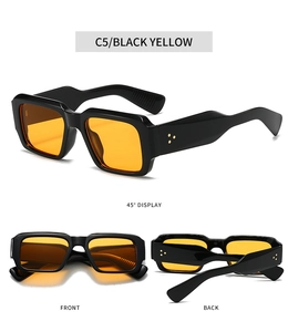 Three-angle view of vintage rectangle sunglasses with black frame and yellow lenses