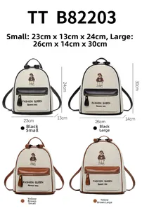 Detailed size comparison of canvas backpacks with cartoon bears and contrast piping