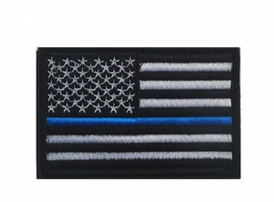 Detailed view of the American flag tactical patch with blue line embroidery and border