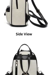 Side and back view of canvas backpack showing leather straps and metal zipper detail