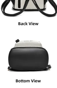 Detailed back and leather base views of a black and white canvas backpack