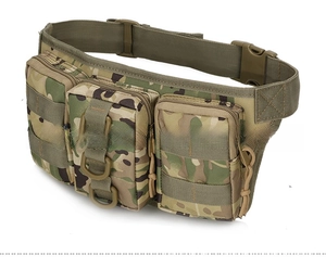 Close-up of camouflage tactical waist bag with modular pockets and D-ring attachments