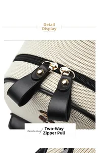 Detail of dual zipper closure with black leather pulls and gold metal studs on canvas bag