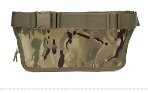 Detail view of tactical camo waist pack featuring a large heavy-duty quick release buckle