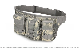 Detailed side view of ACU digital camouflage tactical waist bag with buckles